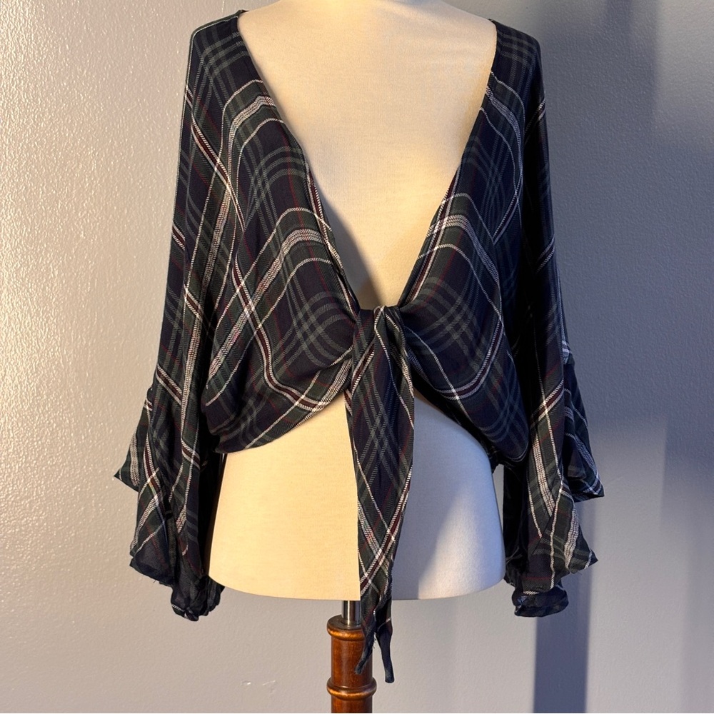NWT Planet Blue Navy Plaid Front Tie Blouse